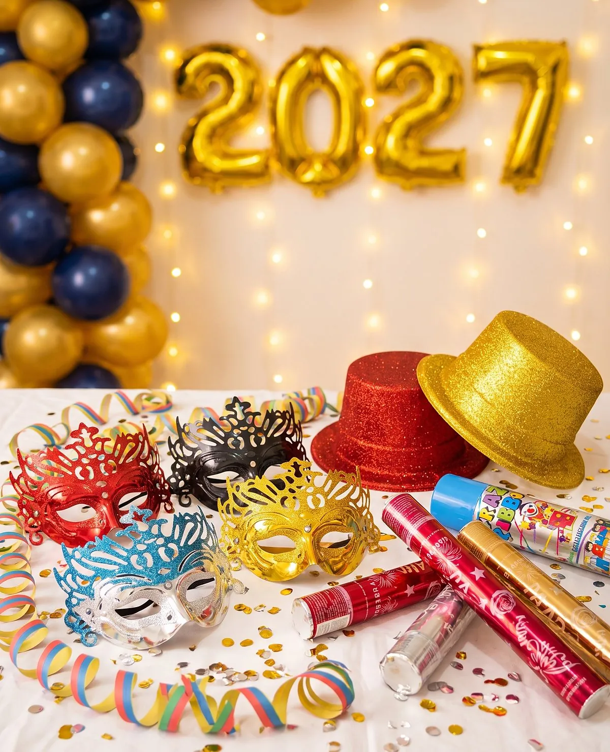 Masques, chapeaux pailletés, bombes confettis et serpentins pour le réveillon 2027